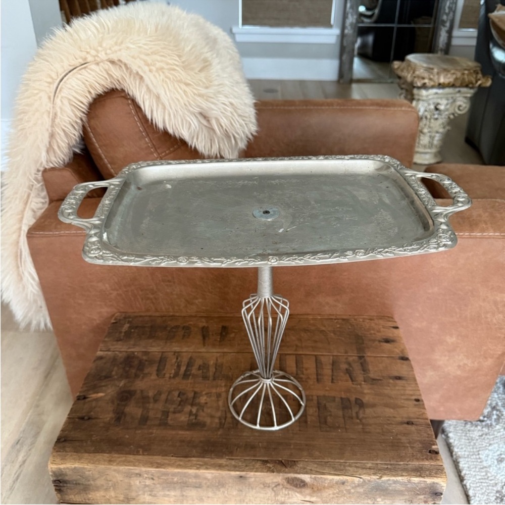 Hand Crafted Silver Tone Decorative Tray with Stand